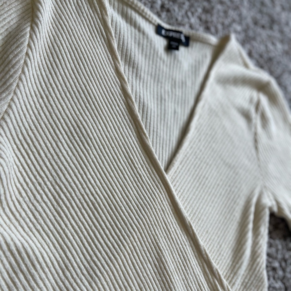 Express Cream Ribbed Wrap Top - Picture 9 of 9